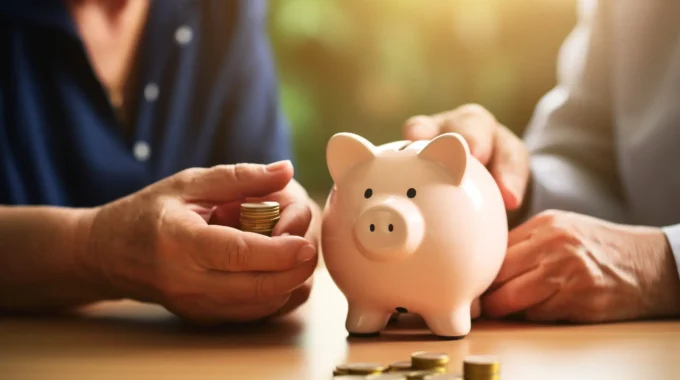 Couple Souriant Déposant Une Pièce Dans Une Tirelire En Forme De Cochon – Illustration De L’économie D’impôt Grâce Au Plan D’épargne Retraite (PER).