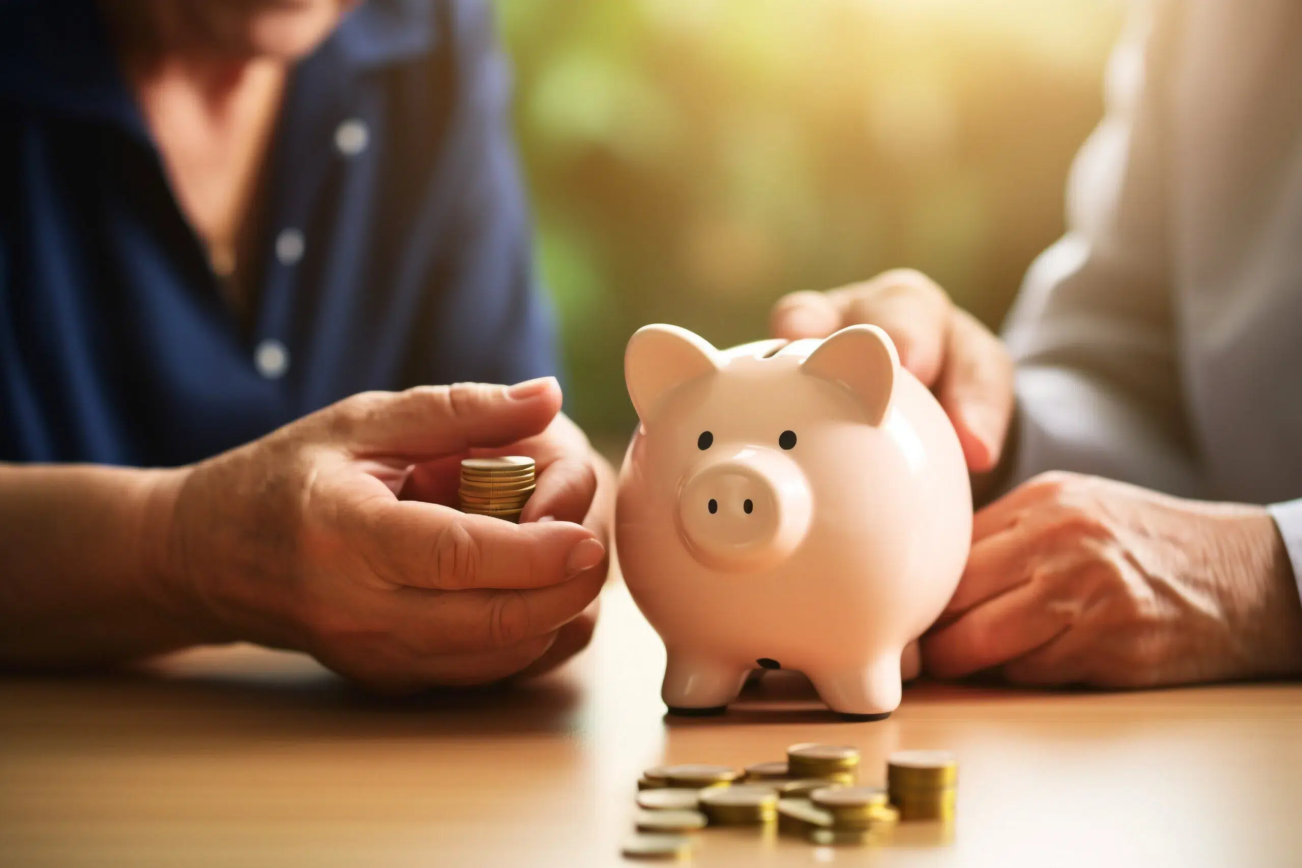 Couple souriant déposant une pièce dans une tirelire en forme de cochon – illustration de l’économie d’impôt grâce au Plan d’épargne retraite (PER).