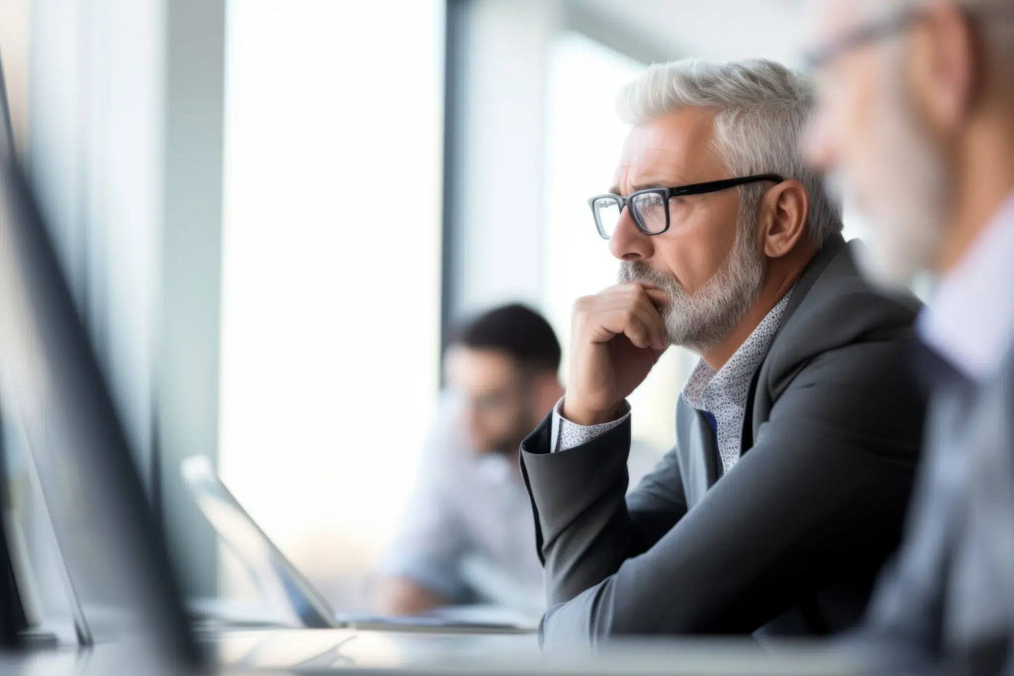 Un dirigeant d’entreprise réfléchissant à sa retraite en 2025 devant une fenêtre