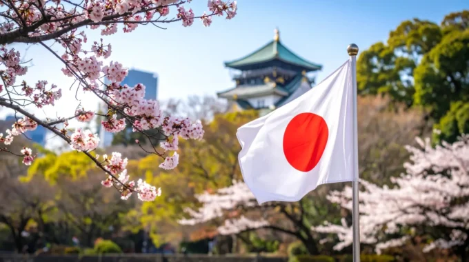 Maison Traditionnelle Au Japon Avec Drapeau Japonais Illustrant Un Article Sur La Retraite Des Expatriés Et La Récupération Des Droits En France