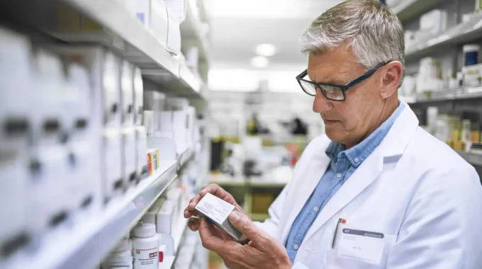 Retraite Du Pharmacien Libéral En 2025 : Un Pharmacien En Officine Cherchant Une Boîte De Médicaments