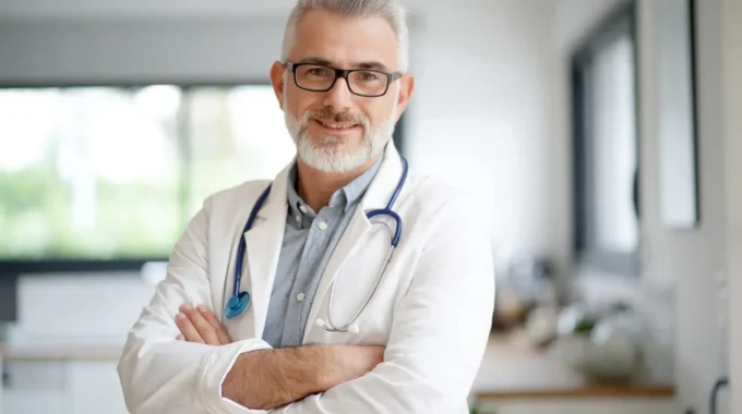Médecin Libéral En Blouse Blanche Proche De L'âge De Départ à La Retraite