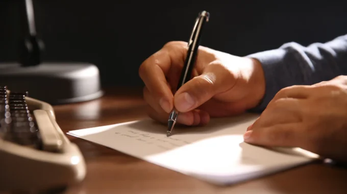 Main D’un Salarié écrivant Une Lettre De Départ à La Retraite à Son Employeur