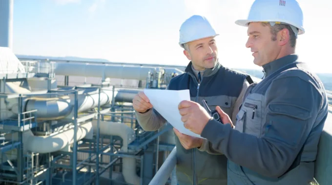 Deux Cadres Des Industries Chimiques Discutant Devant Une Installation Industrielle – Départ à La Retraite Selon La Convention Collective De La Chimie IDCC 44.