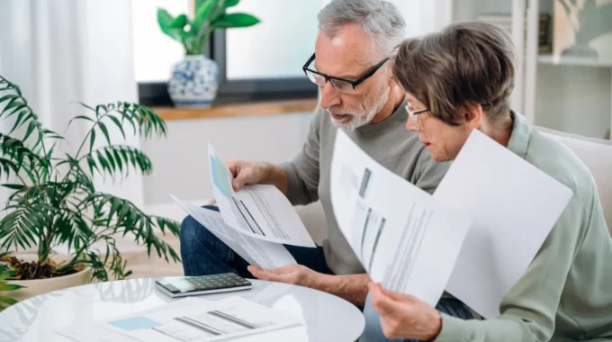 Couple De Retraités Consultant Leurs Bulletins De Pension Pour Vérifier Leur Taux De CSG Et Leurs Prélèvements Sociaux