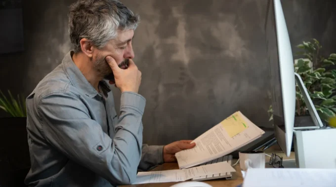 Salarié Senior Examinant Des Documents à Son Bureau Et Réfléchissant Au Cumul Emploi-retraite
