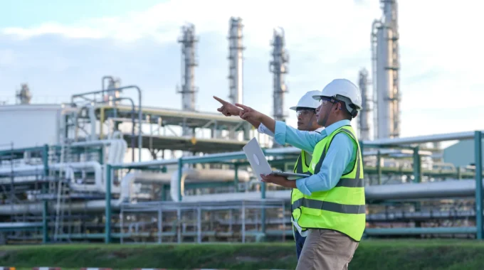 Technicien Senior De Raffinerie En Casque Et équipement De Sécurité échangeant Avec Une Collègue Sur Un Site Pétrolier, Avant Son Départ à La Retraite.