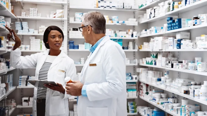 Pharmacien Senior En Blouse Blanche échangeant Avec Une Jeune Collègue Parmi Les Rayons De Médicaments D’une Officine, Avant Son Départ à La Retraite.